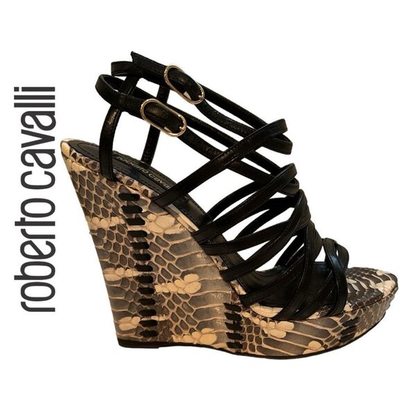 Roberto Cavalli Strappy Platform Wedges - Picture 2 of 13